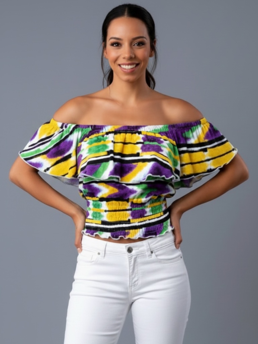 NEW  Beyonce  Y2K DEREON MULITCOLOR Colorful Ruffle trim Off shoulder Crop Top M